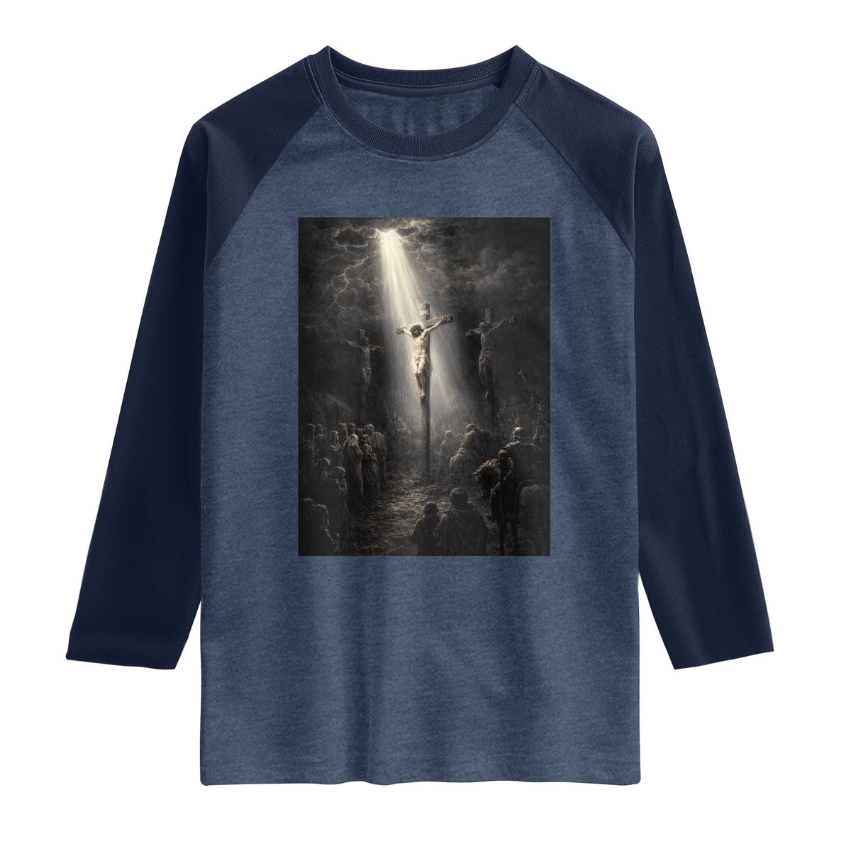 Jesus Christ Crucifixion Scene Religious Christian Easter Raglan Shirt TS11 Heather Denim Navy Print Your Wear