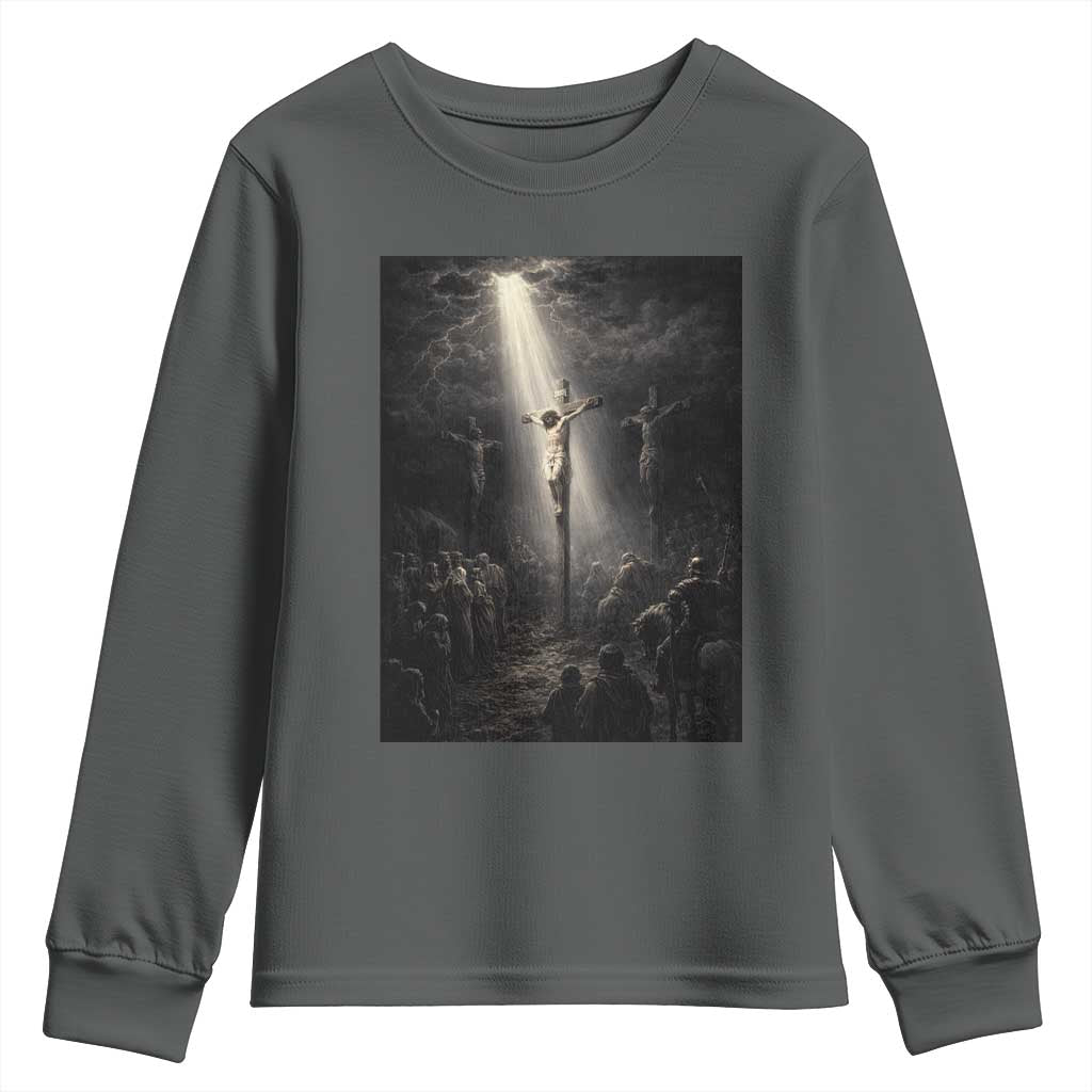Jesus Christ Crucifixion Scene Religious Christian Easter Youth Sweatshirt TS11 Dark Heather Print Your Wear