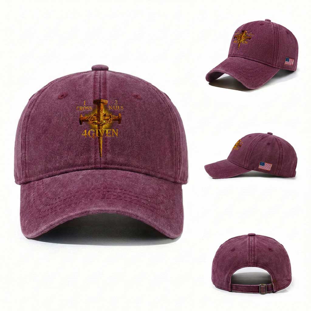 Christian One Cross Three Nails Four Given Washed Cotton Baseball Cap Jesus God TS11 Washed Cap Universal Fit Burgundy Print Your Wear