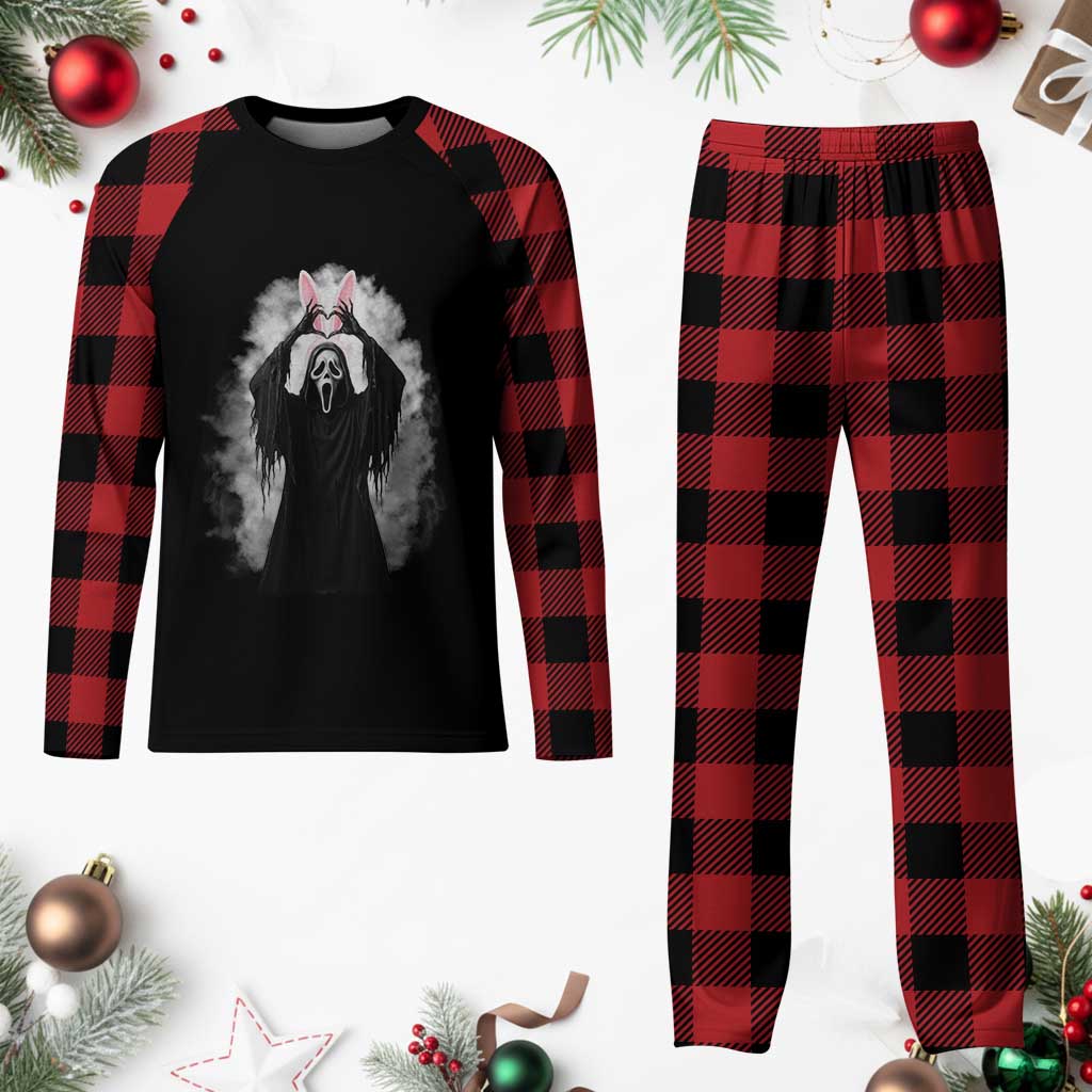 Funny Scary Bunny Face Ghost Heart Hand Sign Easter Day Plaid Pajama Set TS11 Buffalo Plaid Print Your Wear