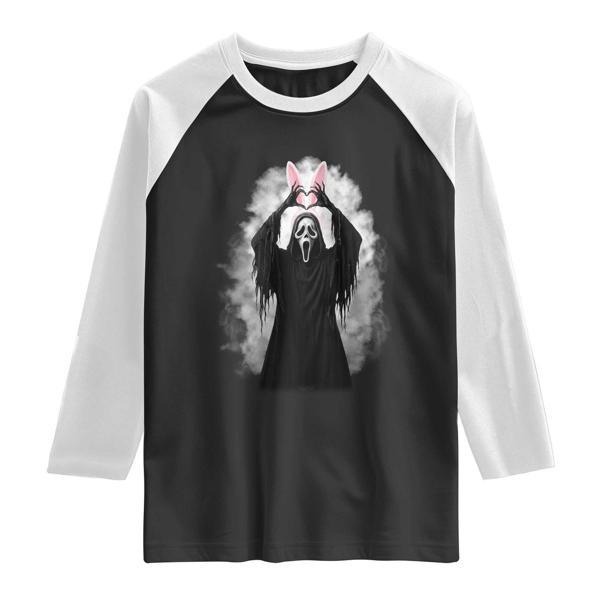 Funny Scary Bunny Face Ghost Heart Hand Sign Easter Day Raglan Shirt TS11 Black White Print Your Wear