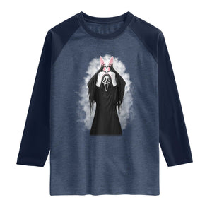 Funny Scary Bunny Face Ghost Heart Hand Sign Easter Day Raglan Shirt TS11 Heather Denim Navy Print Your Wear