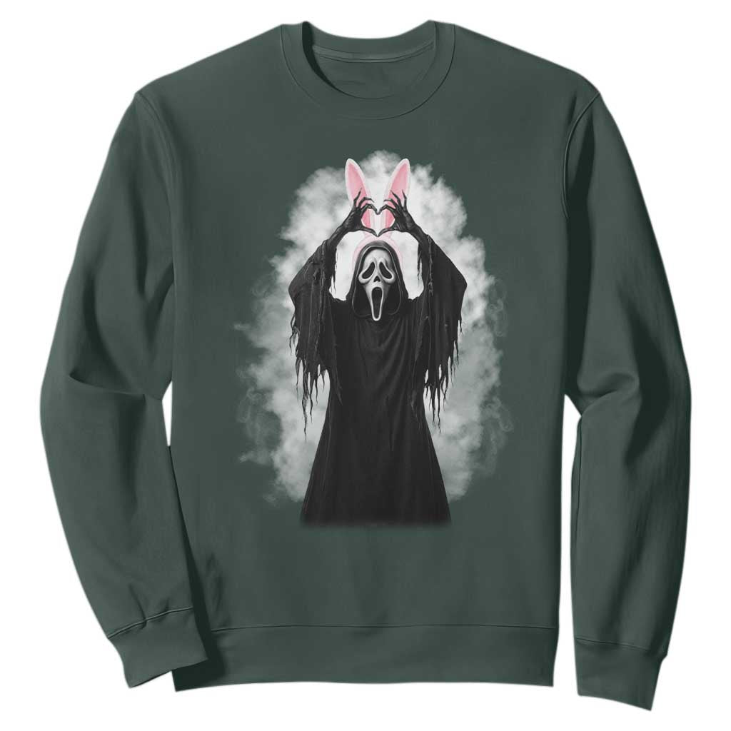 Funny Scary Bunny Face Ghost Heart Hand Sign Easter Day Sweatshirt TS11 Dark Forest Green Print Your Wear