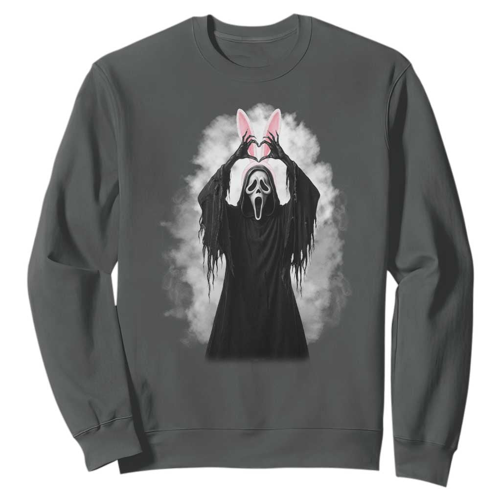 Funny Scary Bunny Face Ghost Heart Hand Sign Easter Day Sweatshirt TS11 Dark Heather Print Your Wear