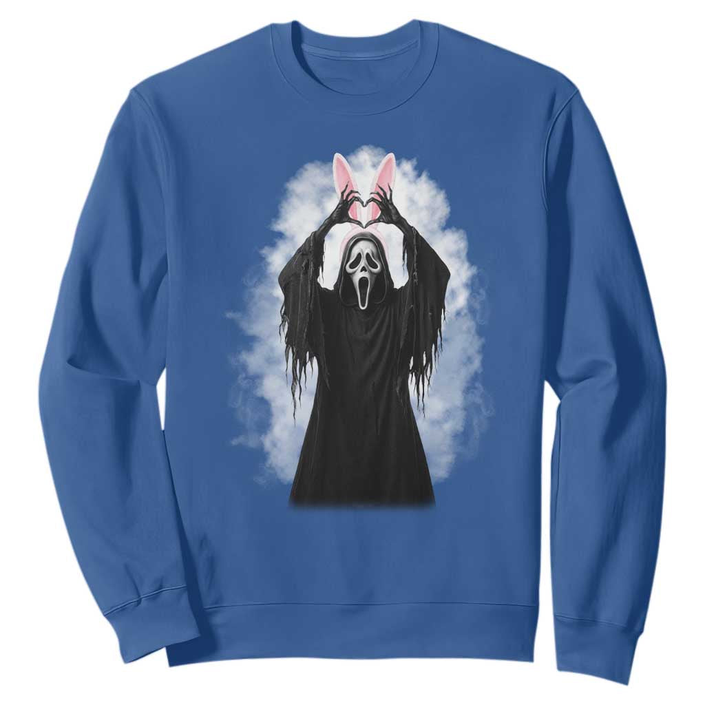 Funny Scary Bunny Face Ghost Heart Hand Sign Easter Day Sweatshirt TS11 Royal Blue Print Your Wear