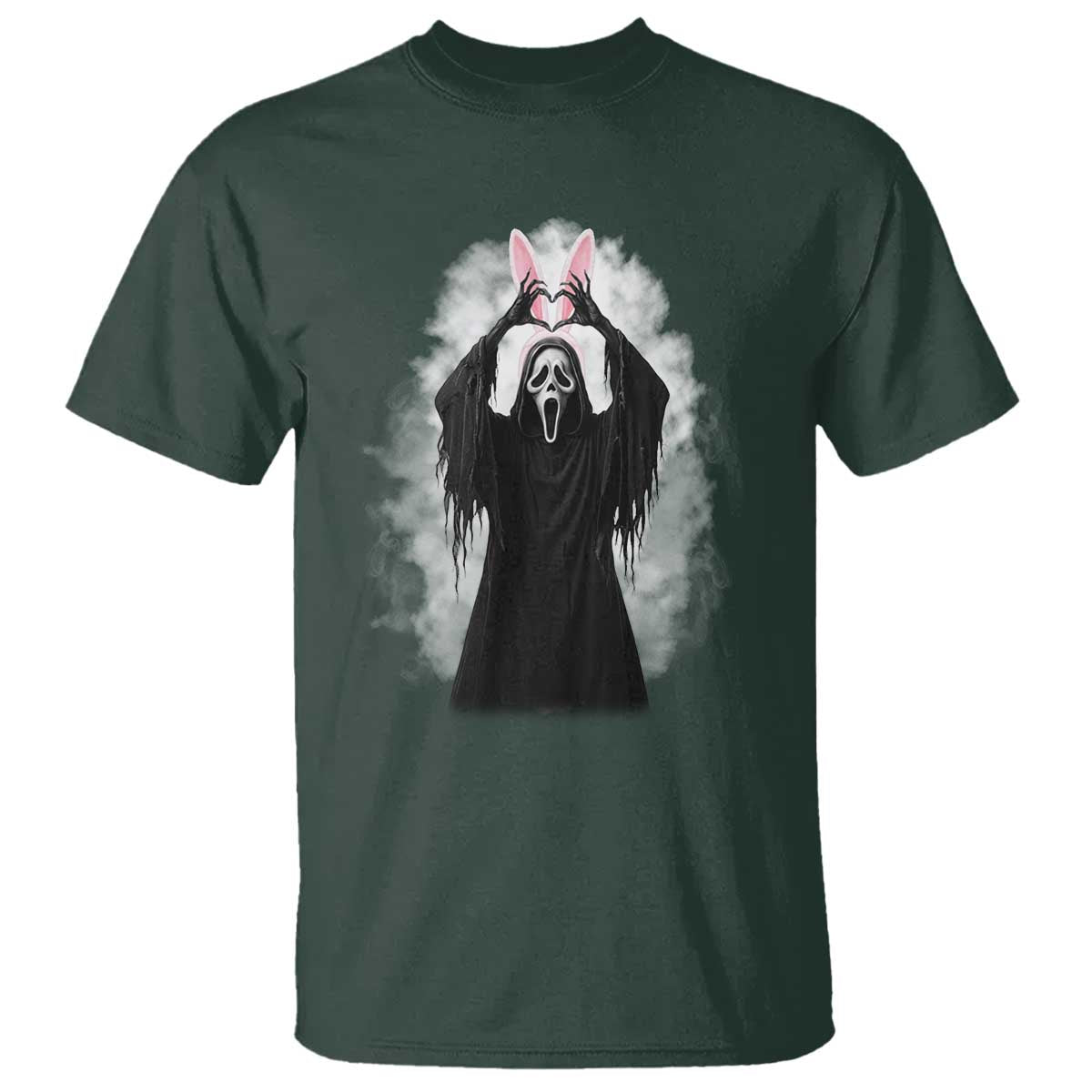 Funny Scary Bunny Face Ghost Heart Hand Sign Easter Day T Shirt TS11 Dark Forest Green Print Your Wear
