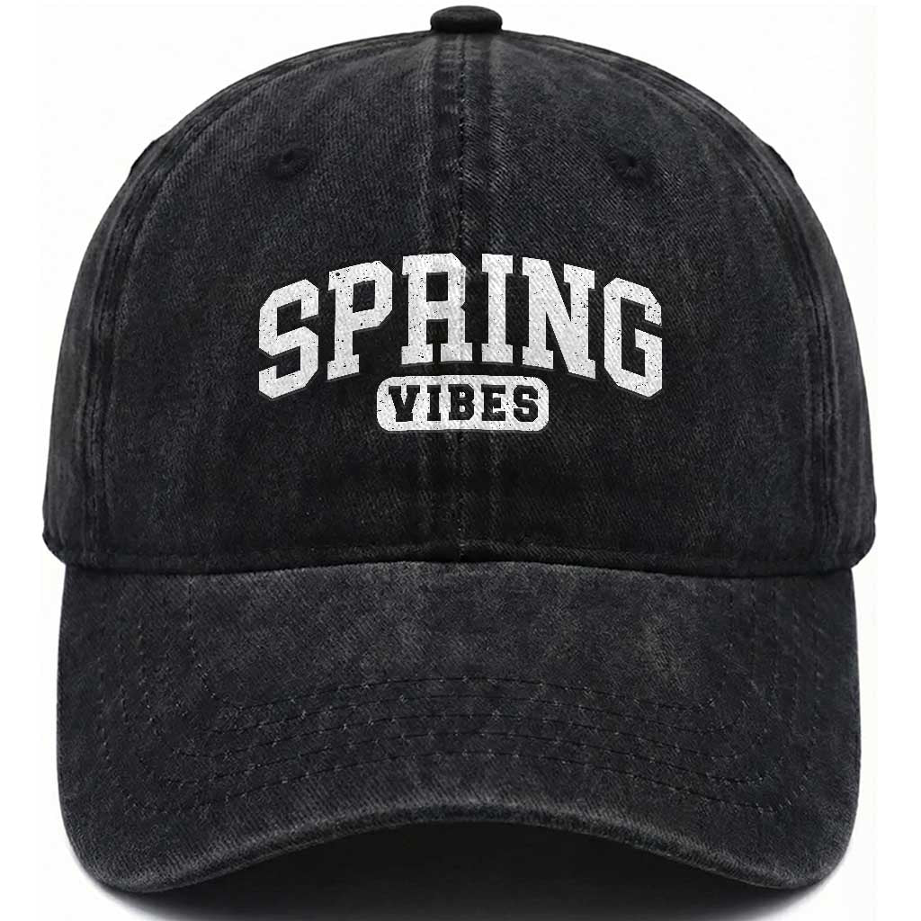 Spring Vibes Washed Cotton Baseball Cap Spring Break Easter Day Bold Text TS11 Print Your Wear