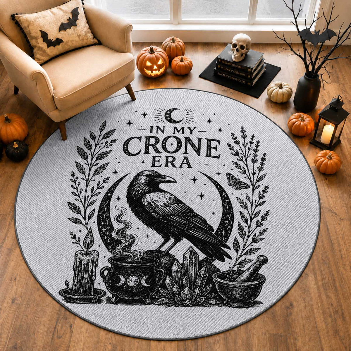 In My Crone Era Round Rug Witchy Raven Cauldron Goth Dark Mystic