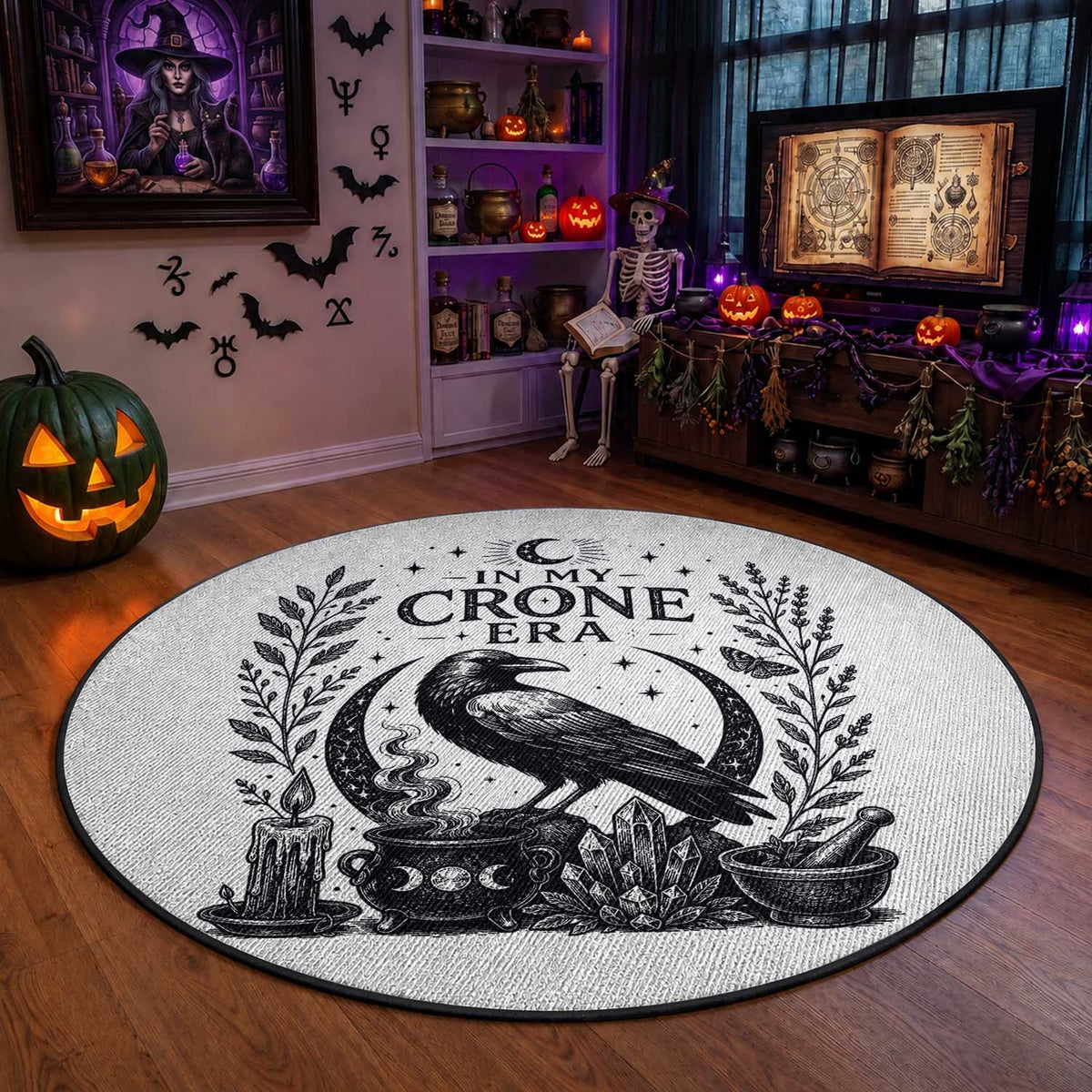 In My Crone Era Round Rug Witchy Raven Cauldron Goth Dark Mystic