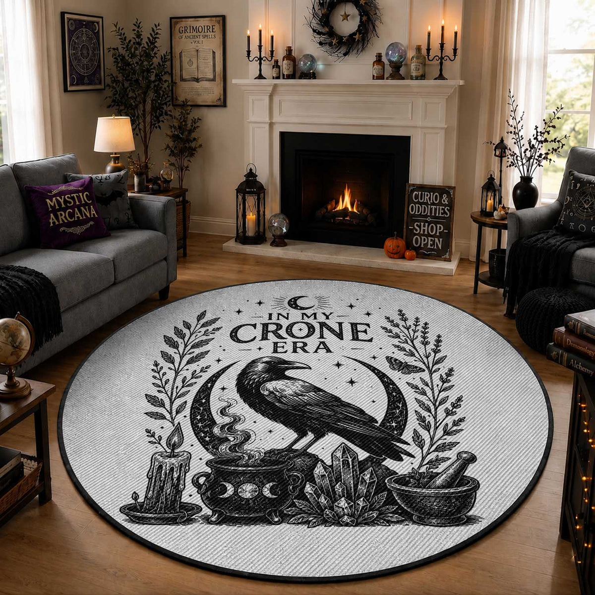 In My Crone Era Round Rug Witchy Raven Cauldron Goth Dark Mystic