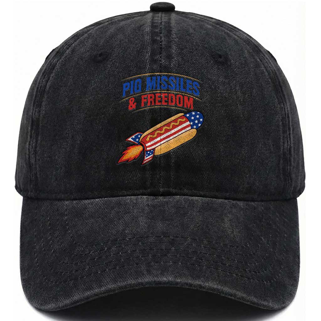 Pig Missiles And Freedom Hot Dog 4th of July Humor Washed Cotton Baseball Cap TS11 Print Your Wear
