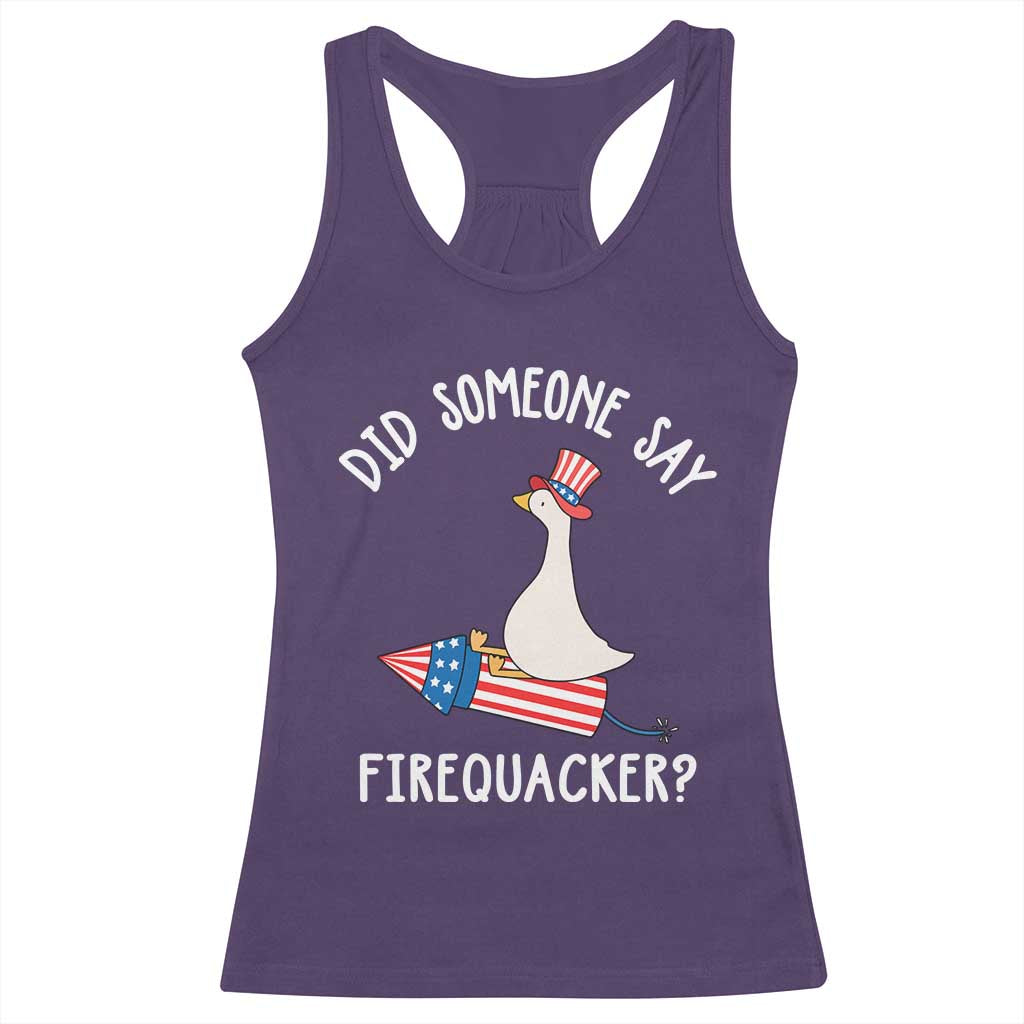 Patriotic Silly Goose 4th of July Racerback Tank Top Did Someone Say Firequacker TS11 Purple Print Your Wear