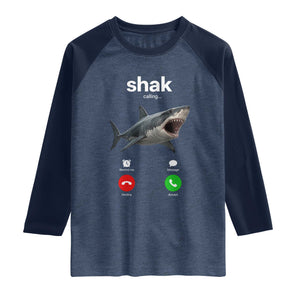 Shark Calling Meme Mispelled Shak Incoming Call Humor Raglan Shirt TS11 Heather Denim Navy Print Your Wear