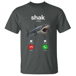 Shark Calling Meme Mispelled Shak Incoming Call Humor T Shirt TS11 Dark Heather Print Your Wear