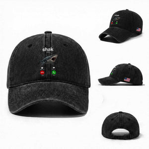 Shark Calling Meme Mispelled Shak Incoming Call Humor Washed Cotton Baseball Cap TS11 Washed Cap Universal Fit Black Print Your Wear