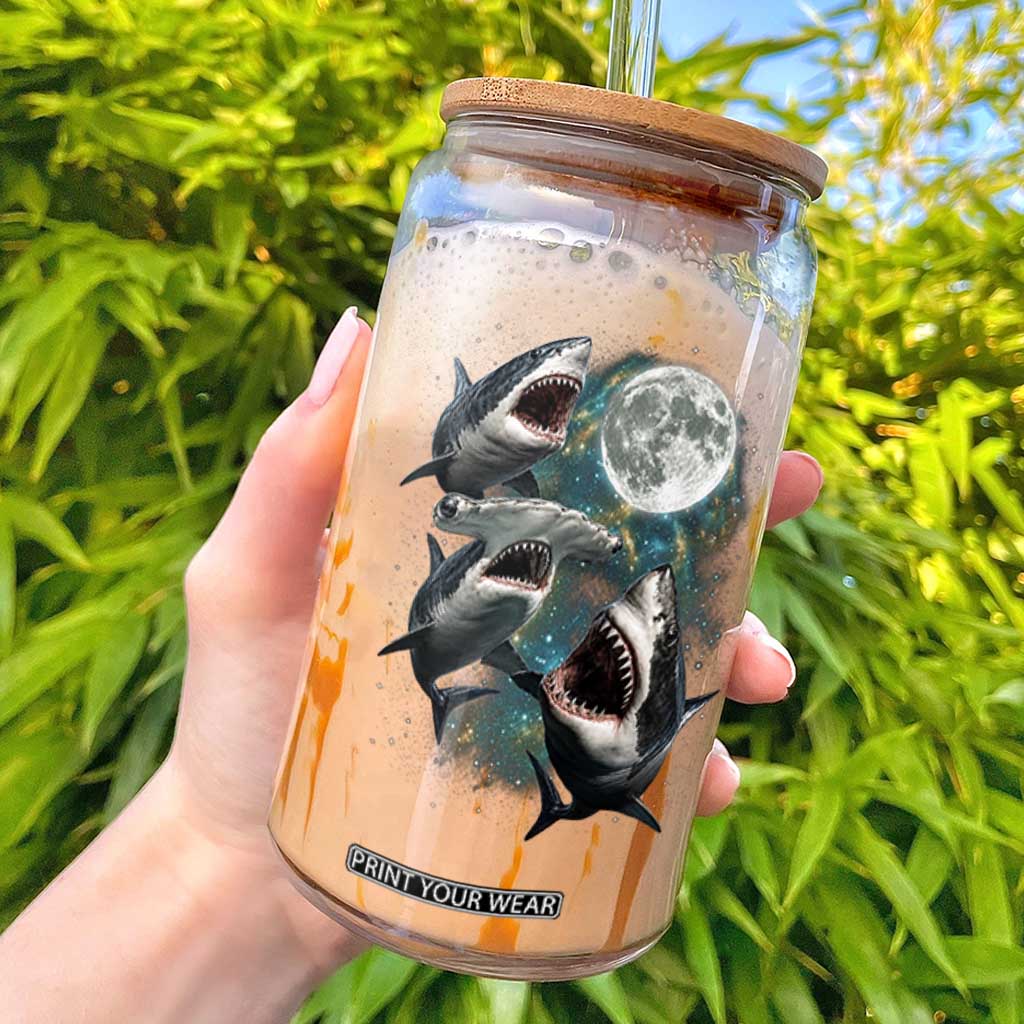 Funny Sharks Howling at Moon Glass Can Funny Great White Sharks and Hammerhead Shark TS11 Black Print Your Wear