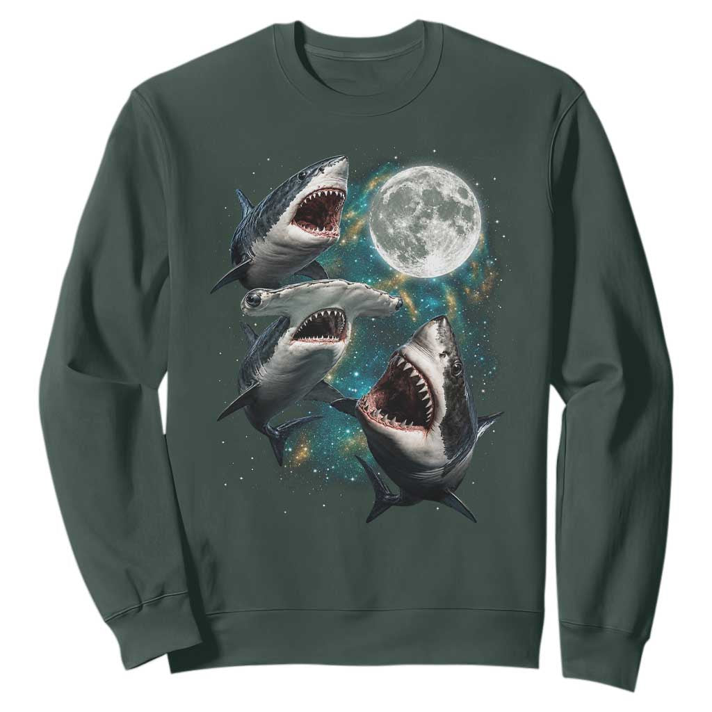 Funny Sharks Howling at Moon Sweatshirt Funny Great White Sharks and Hammerhead Shark TS11 Dark Forest Green Print Your Wear