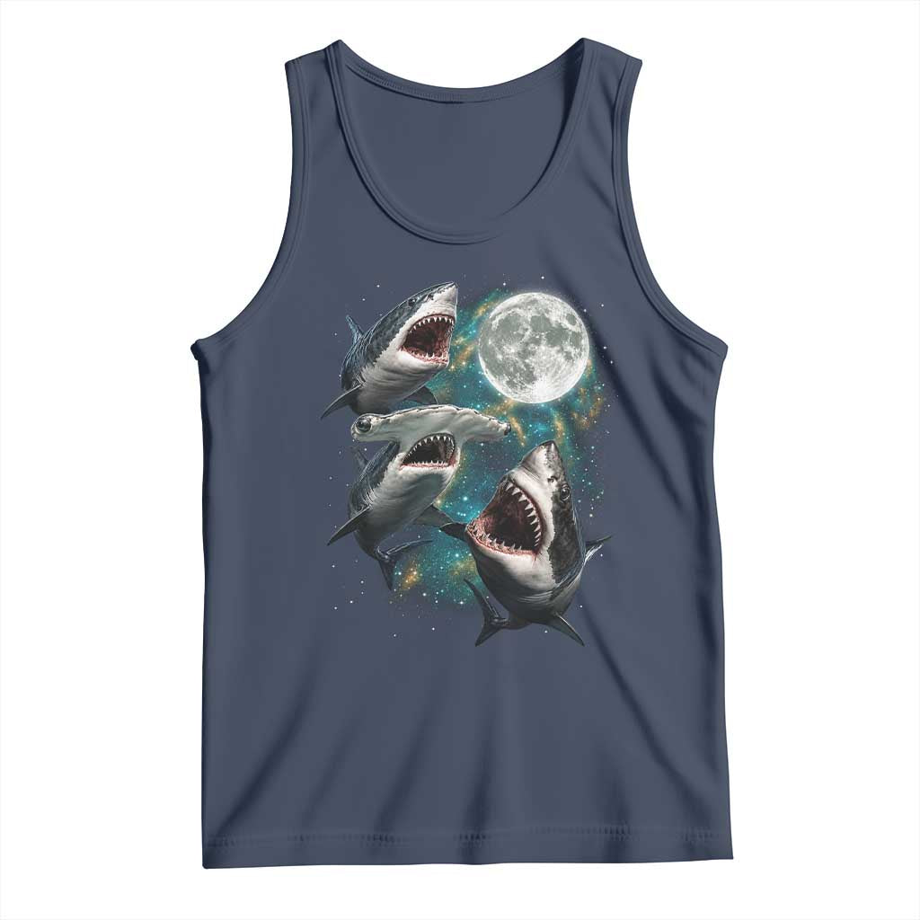 Funny Sharks Howling at Moon Tank Top Funny Great White Sharks and Hammerhead Shark TS11 Navy Print Your Wear
