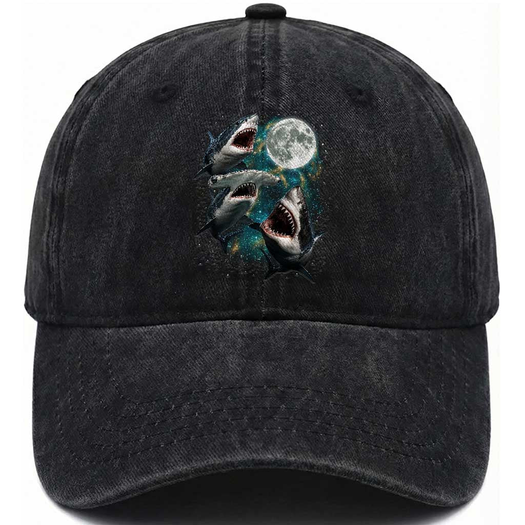 Funny Sharks Howling at Moon Washed Cotton Baseball Cap Funny Great White Sharks and Hammerhead Shark TS11 Print Your Wear