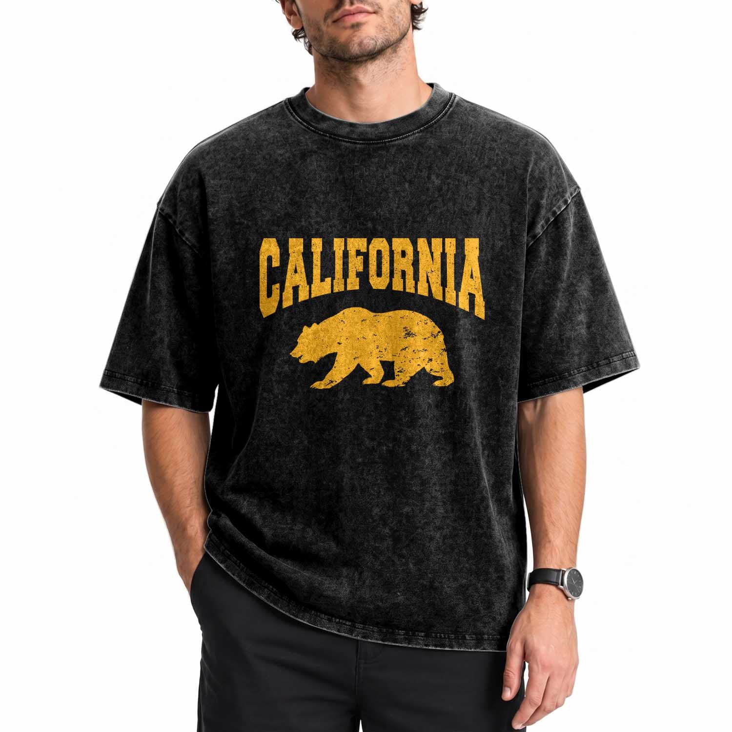 California Grizzly Bear Flag Varsity Sport Style Washed Cotton T-Shirt Cali Pride Souvenir