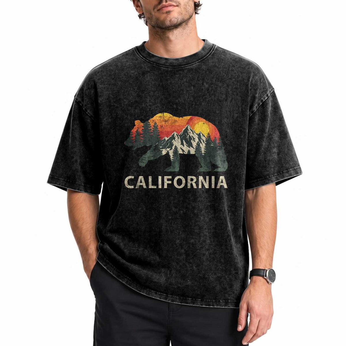 California Grizzly Bear Retro Forest Nature Lover Washed Cotton T-Shirt