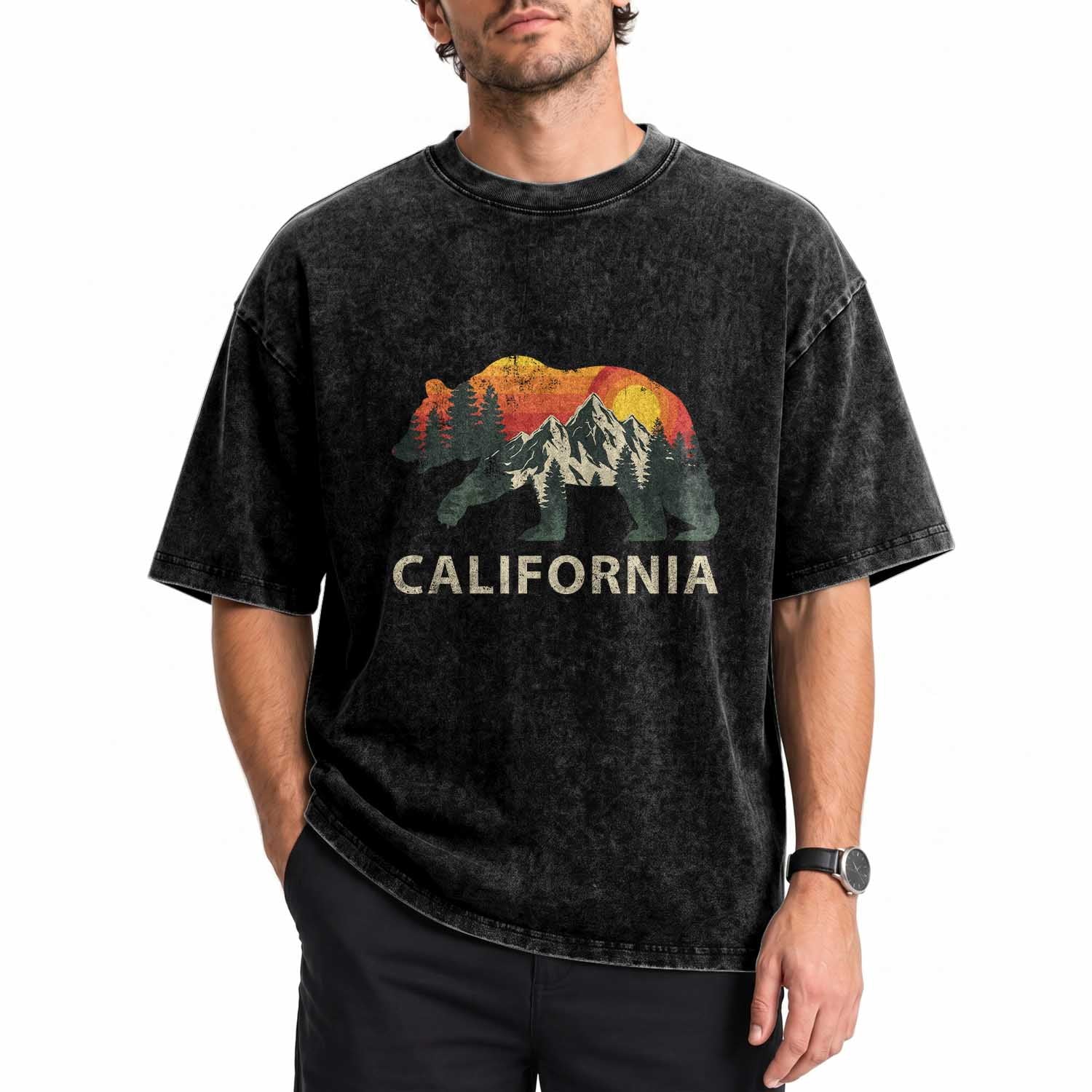 California Grizzly Bear Retro Forest Nature Lover Washed Cotton T-Shirt