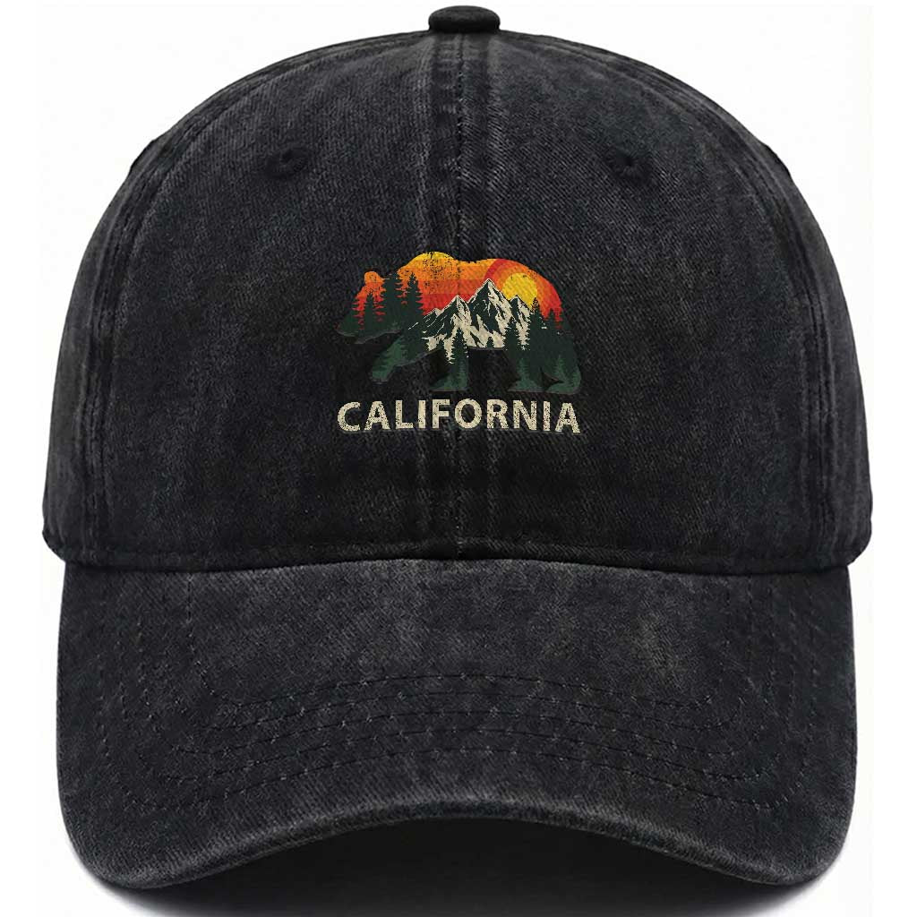 California Grizzly Bear Retro Forest Nature Lover Washed Cotton Baseball Cap