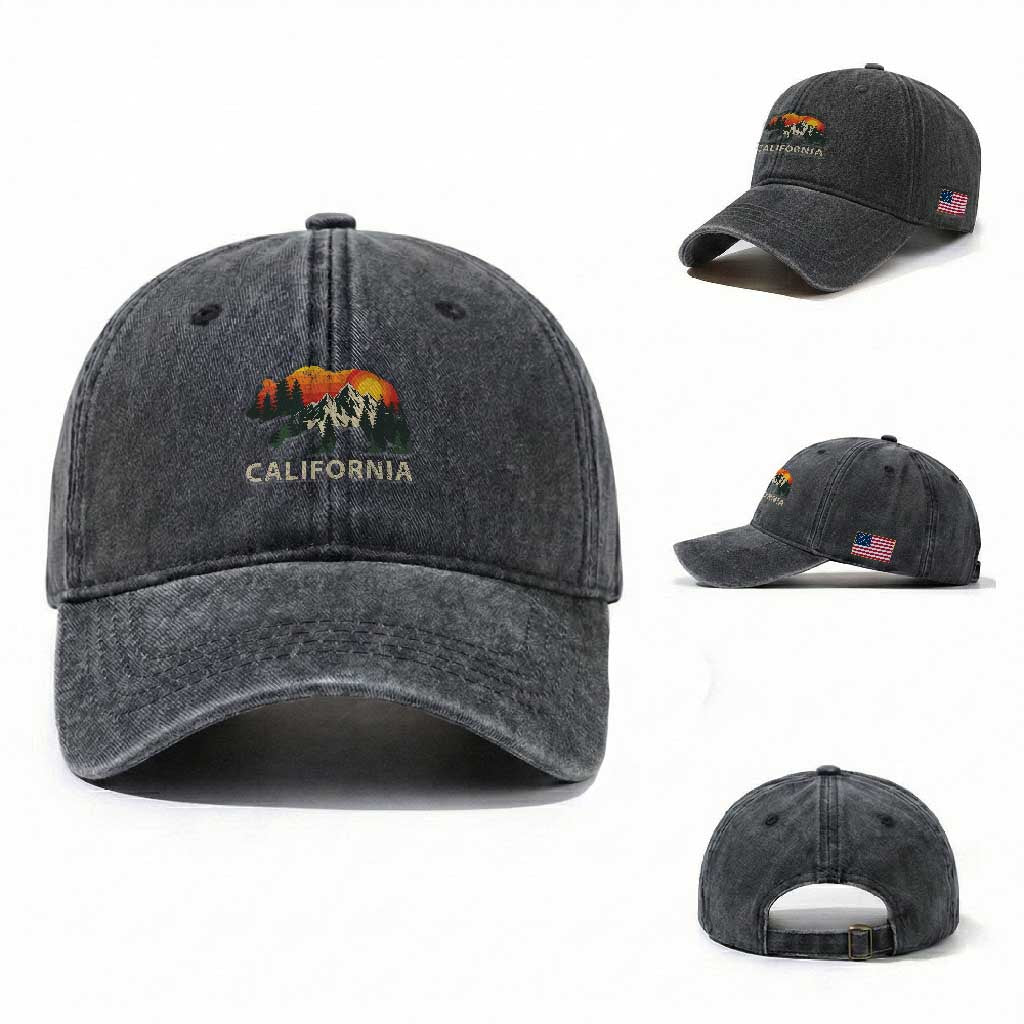 California Grizzly Bear Retro Forest Nature Lover Washed Cotton Baseball Cap