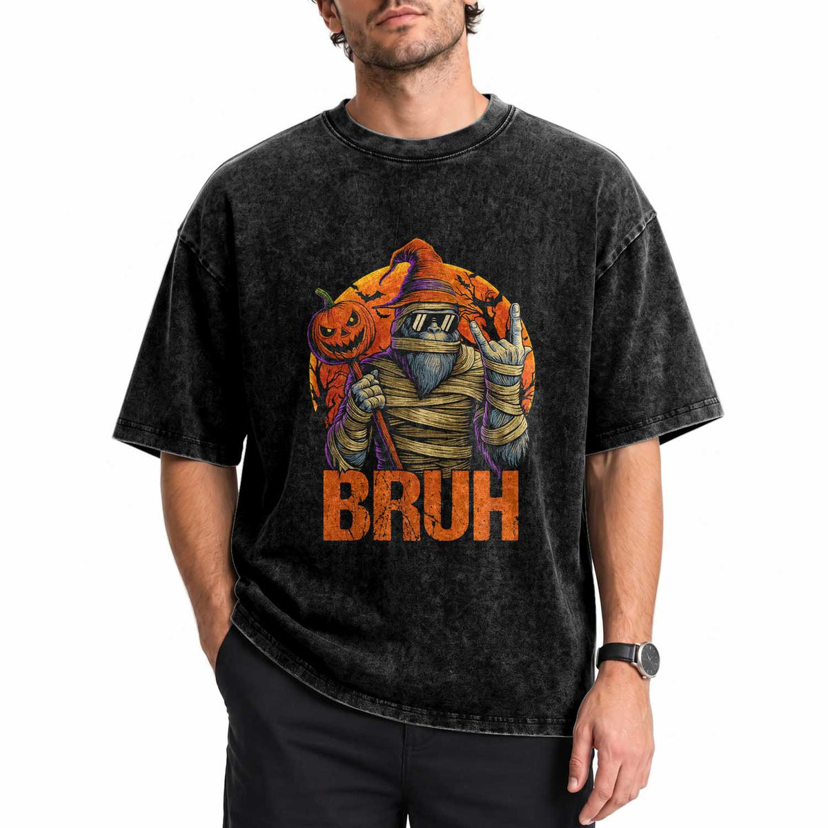 Funny Halloween Bigfoot Washed Cotton T-Shirt Bruh Spooky Mummy Sasquatch Jack O Lantern