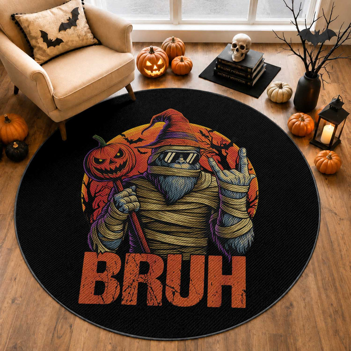Funny Halloween Bigfoot Round Rug Bruh Spooky Mummy Sasquatch Jack O Lantern