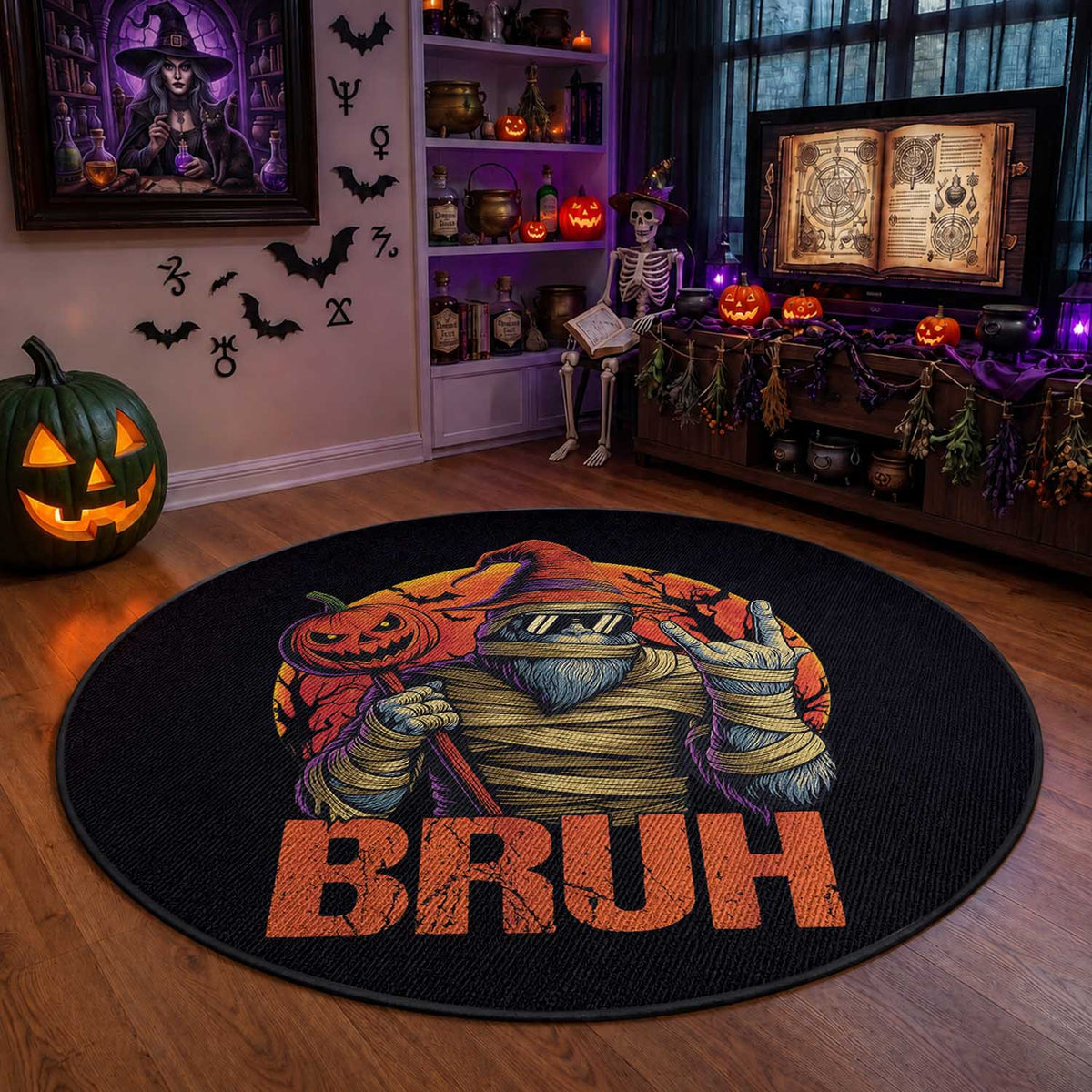Funny Halloween Bigfoot Round Rug Bruh Spooky Mummy Sasquatch Jack O Lantern
