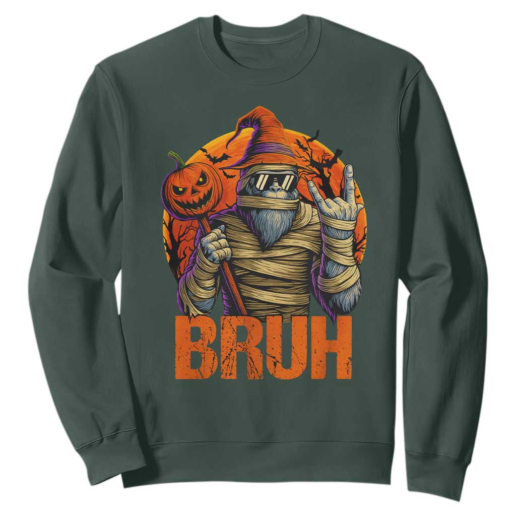 Funny Halloween Bigfoot Sweatshirt Bruh Spooky Mummy Sasquatch Jack O Lantern TS11 Dark Forest Green Print Your Wear