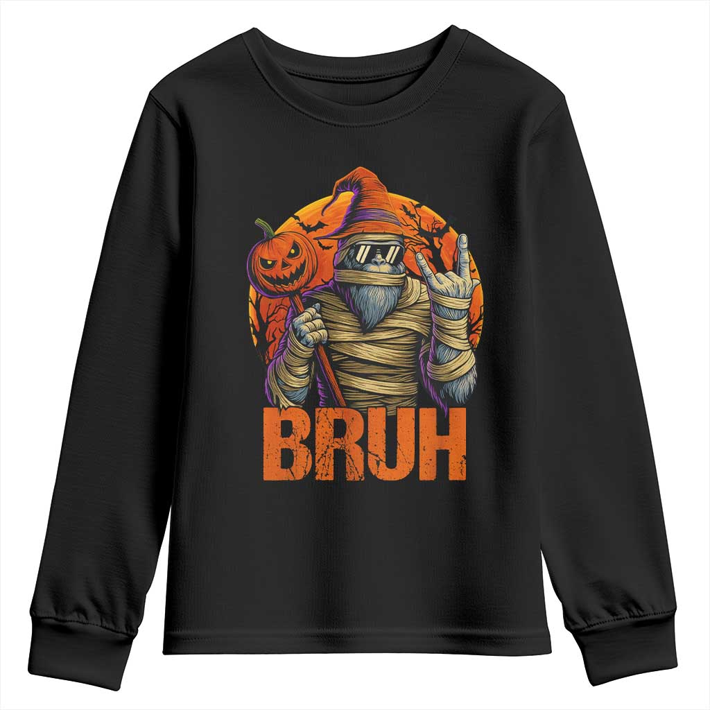 Funny Halloween Bigfoot Youth Sweatshirt Bruh Spooky Mummy Sasquatch Jack O Lantern TS11 Black Print Your Wear