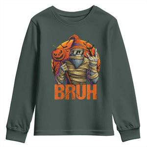 Funny Halloween Bigfoot Youth Sweatshirt Bruh Spooky Mummy Sasquatch Jack O Lantern TS11 Dark Forest Green Print Your Wear