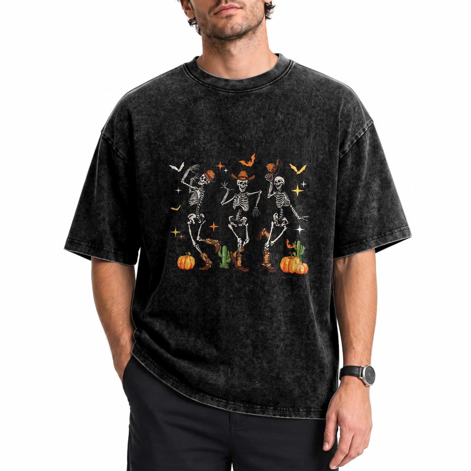 Dancing Skeleton Cowboys Western Country Rodeo Halloween Washed Cotton T-Shirt