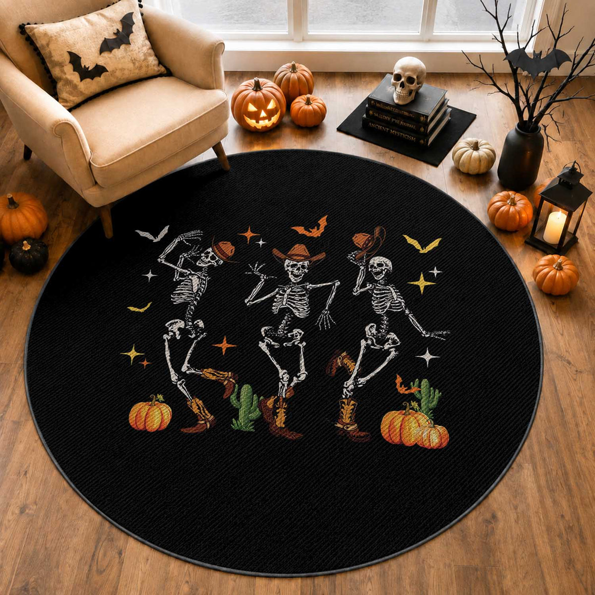 Dancing Skeleton Cowboys Western Country Rodeo Halloween Round Rug