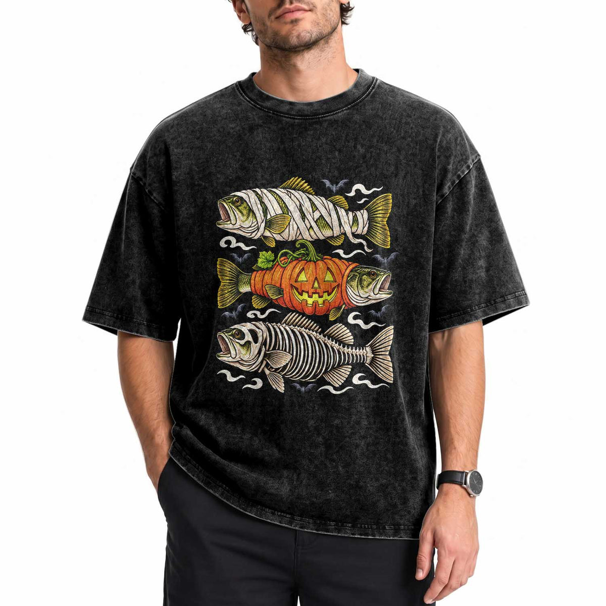 Halloween Bass Fish Pumpkin Skeleton Mummy Washed Cotton T-Shirt