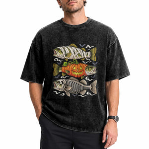 Halloween Bass Fish Pumpkin Skeleton Mummy Washed Cotton T-Shirt
