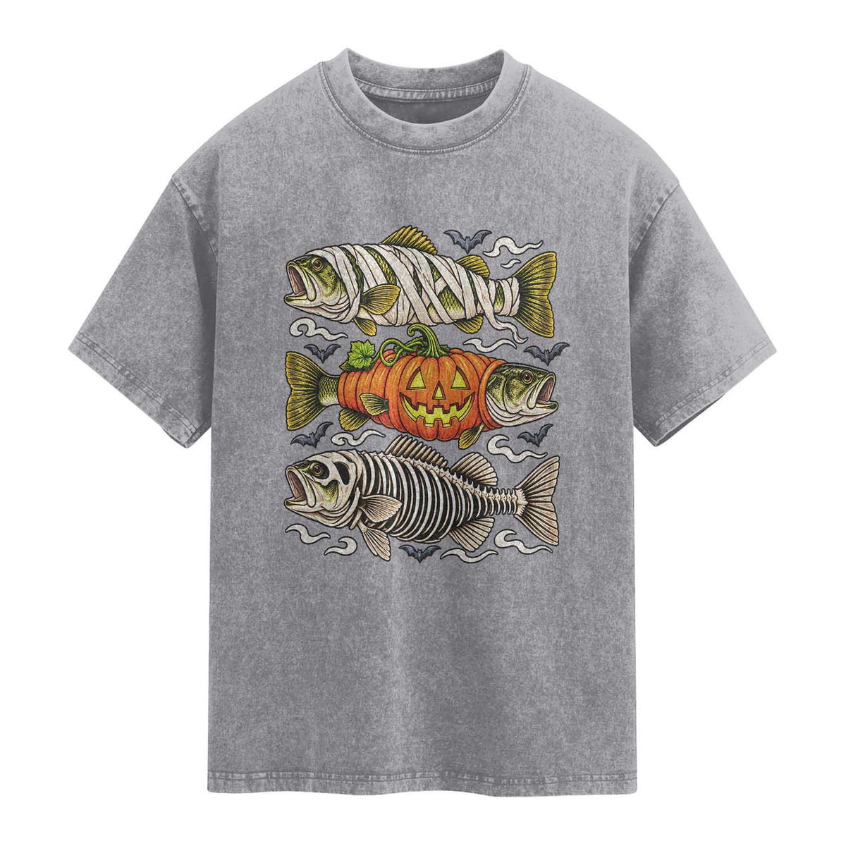 Halloween Bass Fish Pumpkin Skeleton Mummy Washed Cotton T-Shirt