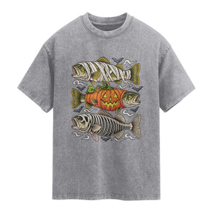 Halloween Bass Fish Pumpkin Skeleton Mummy Washed Cotton T-Shirt