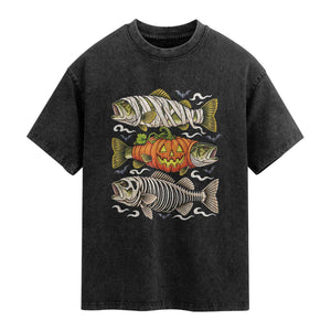 Halloween Bass Fish Pumpkin Skeleton Mummy Washed Cotton T-Shirt