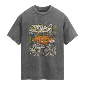 Halloween Bass Fish Pumpkin Skeleton Mummy Washed Cotton T-Shirt