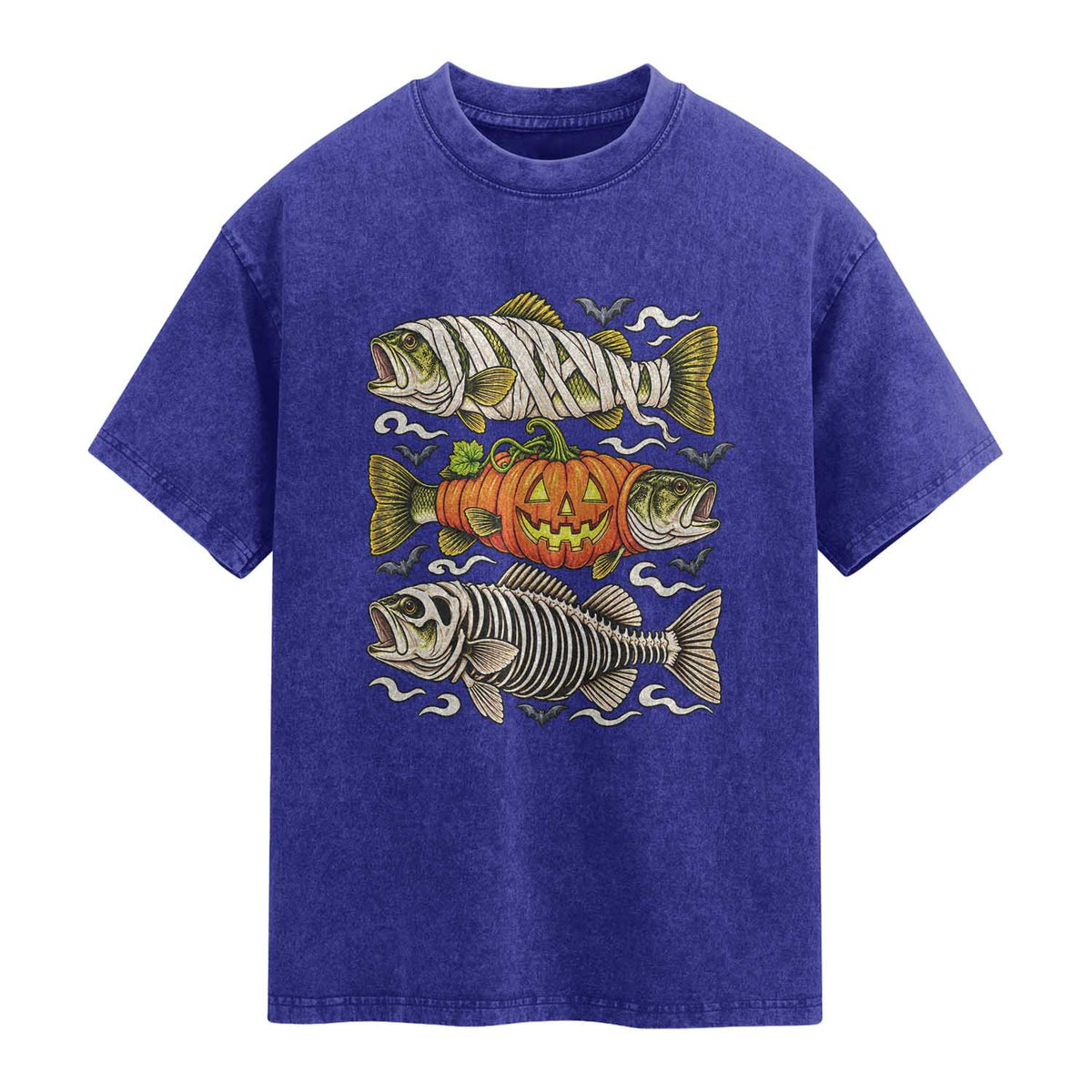 Halloween Bass Fish Pumpkin Skeleton Mummy Washed Cotton T-Shirt