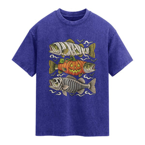 Halloween Bass Fish Pumpkin Skeleton Mummy Washed Cotton T-Shirt