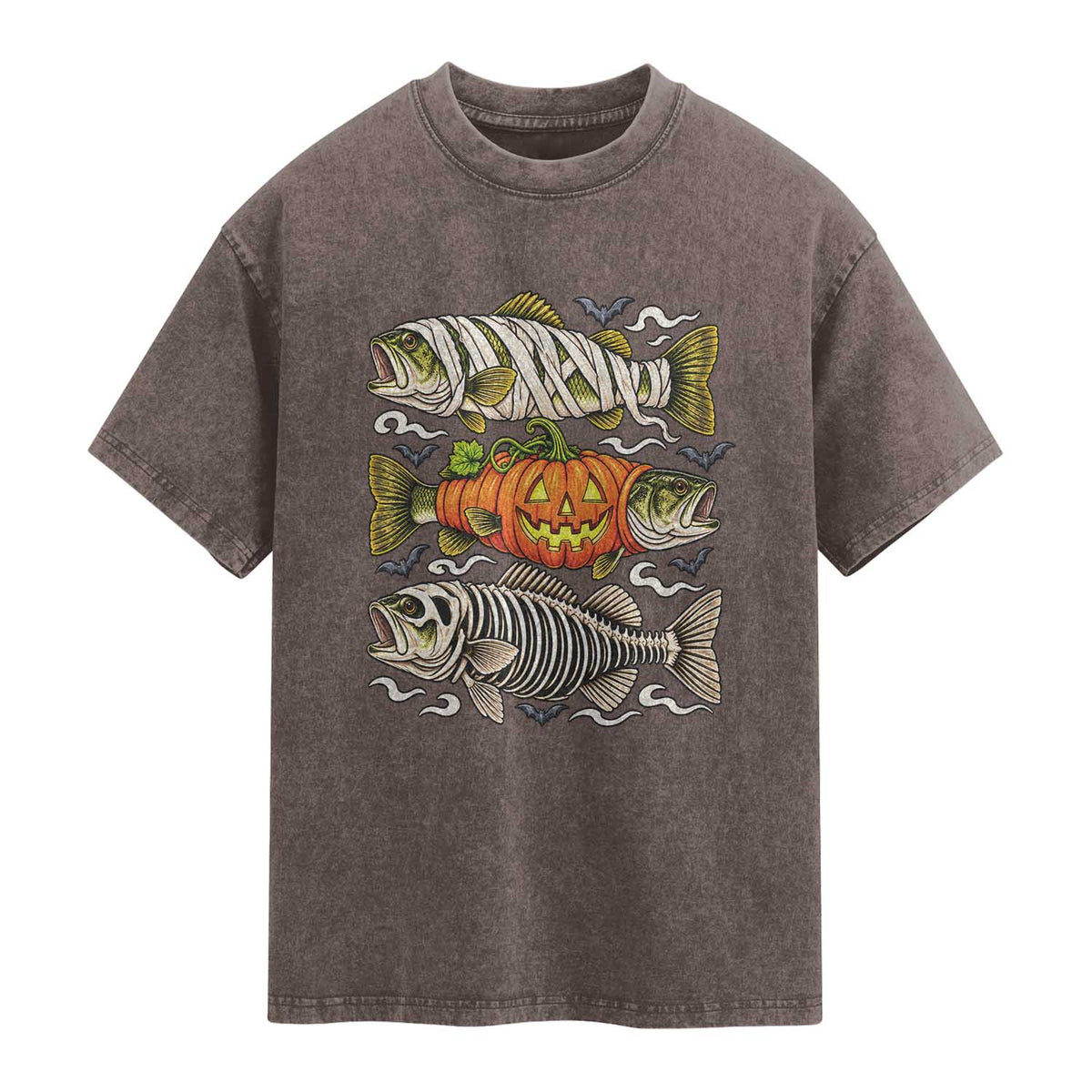 Halloween Bass Fish Pumpkin Skeleton Mummy Washed Cotton T-Shirt