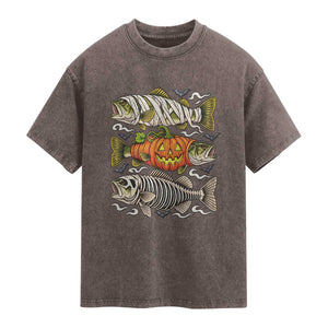 Halloween Bass Fish Pumpkin Skeleton Mummy Washed Cotton T-Shirt