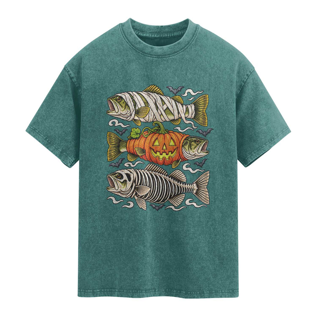 Halloween Bass Fish Pumpkin Skeleton Mummy Washed Cotton T-Shirt
