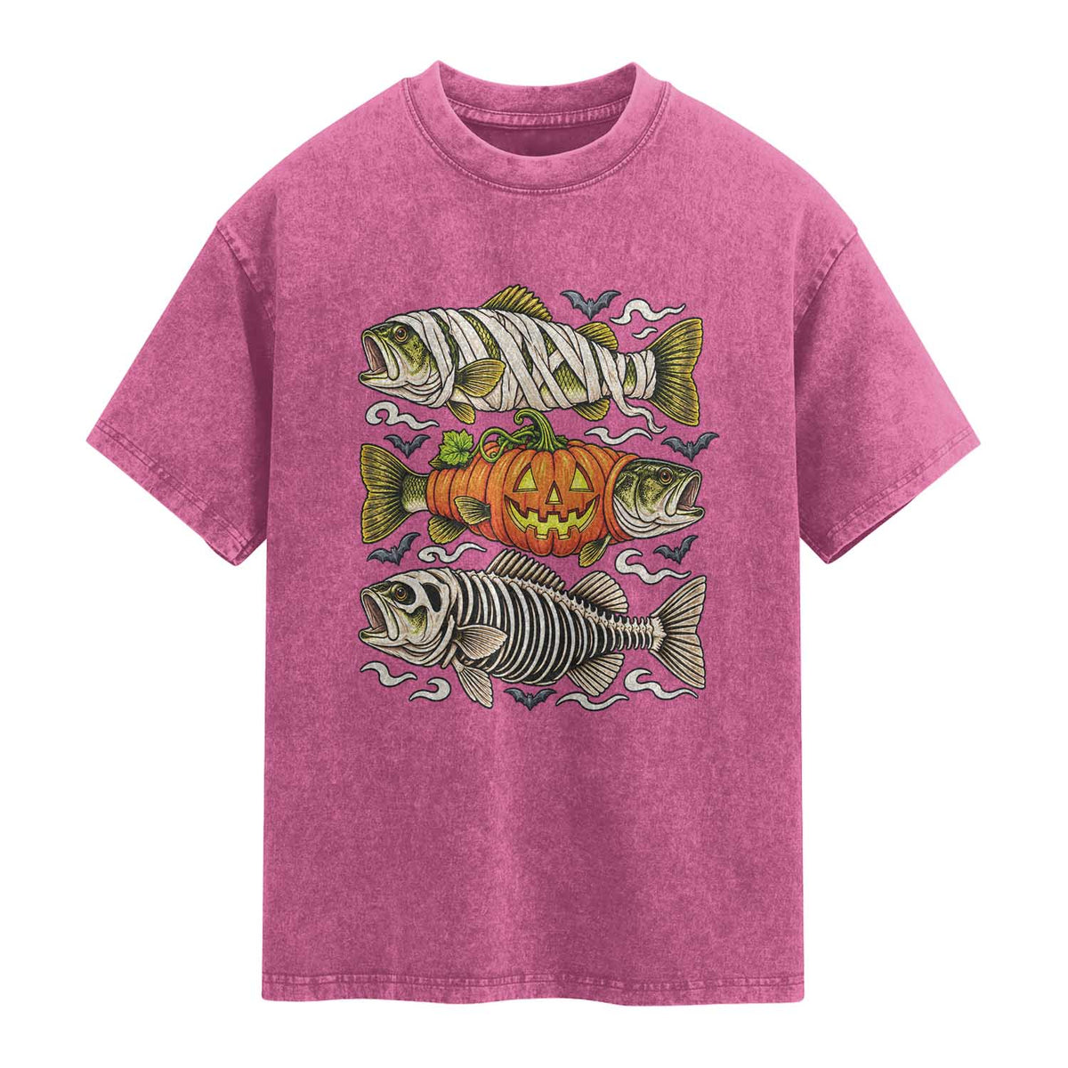 Halloween Bass Fish Pumpkin Skeleton Mummy Washed Cotton T-Shirt