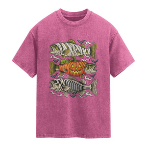 Halloween Bass Fish Pumpkin Skeleton Mummy Washed Cotton T-Shirt