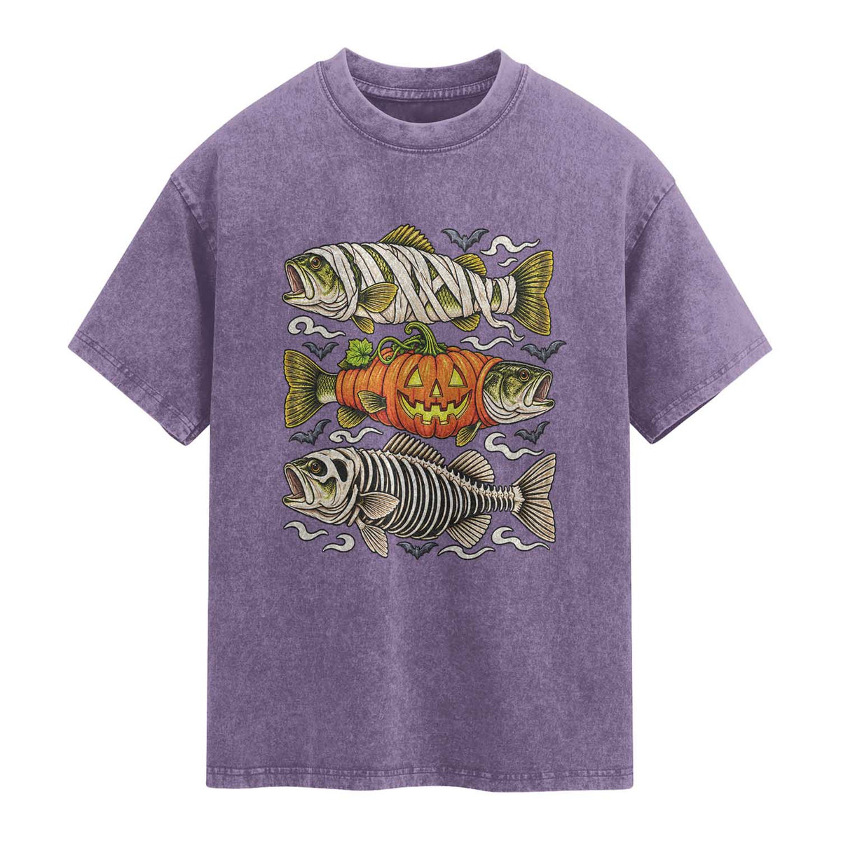 Halloween Bass Fish Pumpkin Skeleton Mummy Washed Cotton T-Shirt